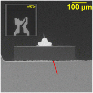 LED microsection where the open circuit failure was caused by the die and lens material separating from the bottom of the cup and rupturing the die attachment.